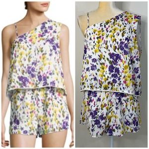 Saks Fifth Avenue Floral One Shoulder Romper Size L Multicolor Sleeveles